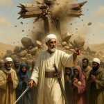 A photo of Islam's Jesus or, Isa destroying the Christian Cross in an allegory of him destroying Christians and Christianity as foretold in Muslim eschatology.